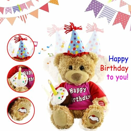 Teddy bear with birthday hat and cupcake, Happy Birthday message.