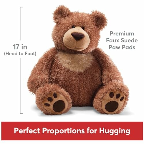 Brown teddy bear with faux suede paw pads, 17 inches tall, perfect proportions for hugging.