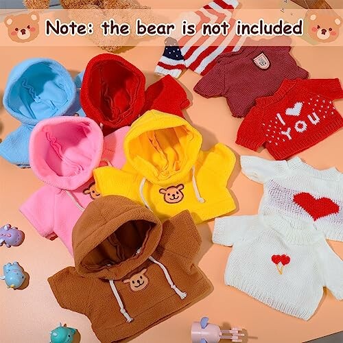 Assorted colorful doll clothes with hoodies and sweaters.