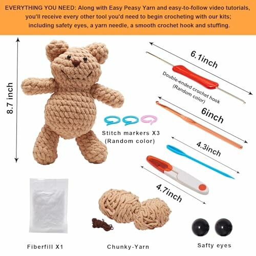 A beautifully crafted crochet bear kit with yarn, crochet hook, stitch markers, fiberfill, and safety eyes.