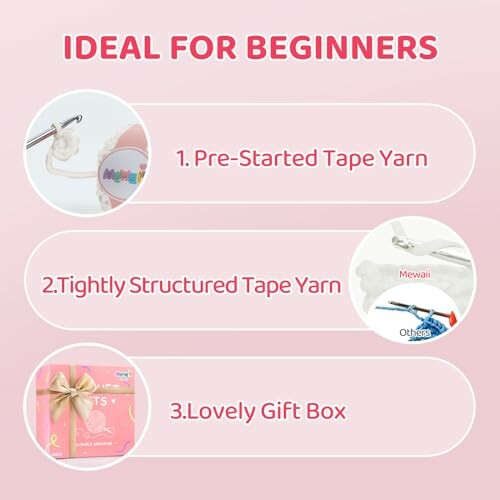 Benefits of a crochet beginner kit with pre-started tape yarn, tightly structured yarn, and a lovely gift box.