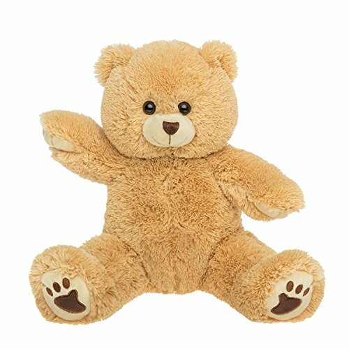 A soft, brown teddy bear with paw prints on its feet.