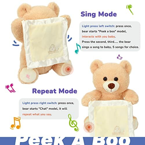 Interactive teddy bear toy with sing and repeat modes.