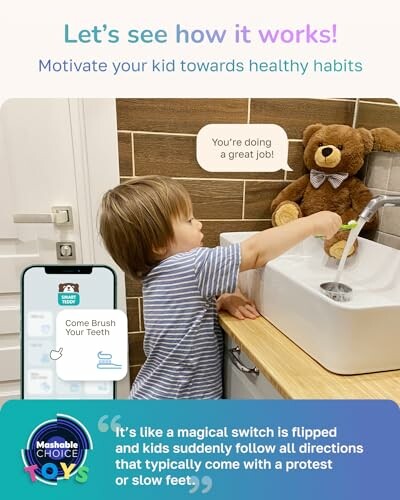 Child brushing teeth with toy bear and motivational app.