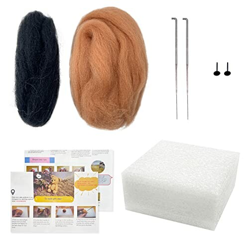 Needle felting kit with wool, needles, eyes, and instructions.