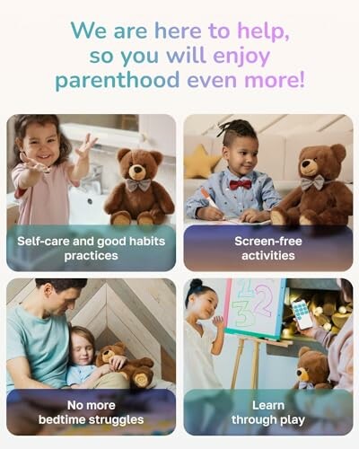 Infographic with parenting tips: self-care, screen-free activities, bedtime routines, learning through play.