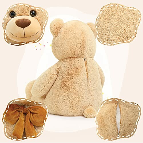 Detailed view of a plush teddy bear with close-ups of its face, fabric texture, ribbon, and zipper.