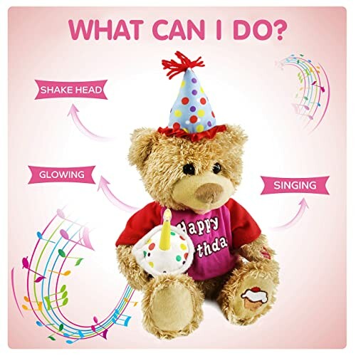 Birthday teddy bear with party hat, cupcake, and musical notes.