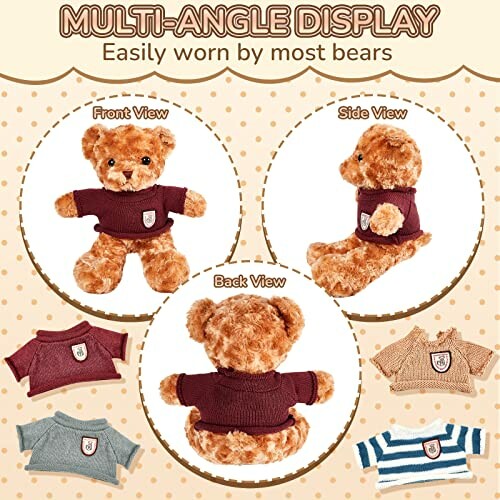 Multi-angle display of teddy bear wearing different outfits.