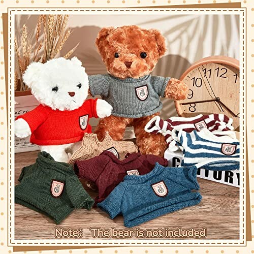 Teddy bears with various clothing items displayed, note says bear not included.