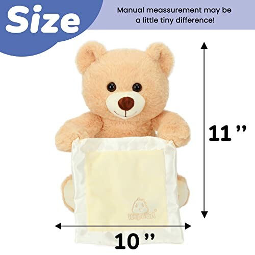 Plush teddy bear with size dimensions 11 inches tall and 10 inches wide.