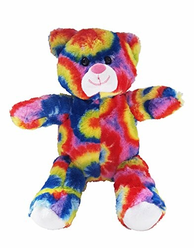 Colorful tie-dye teddy bear with outstretched arms.